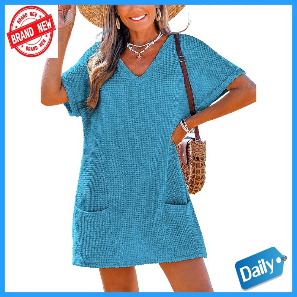 Waffle Knit V-Neck Coverup Dress with Pockets, Loose Fit, Size X-Large